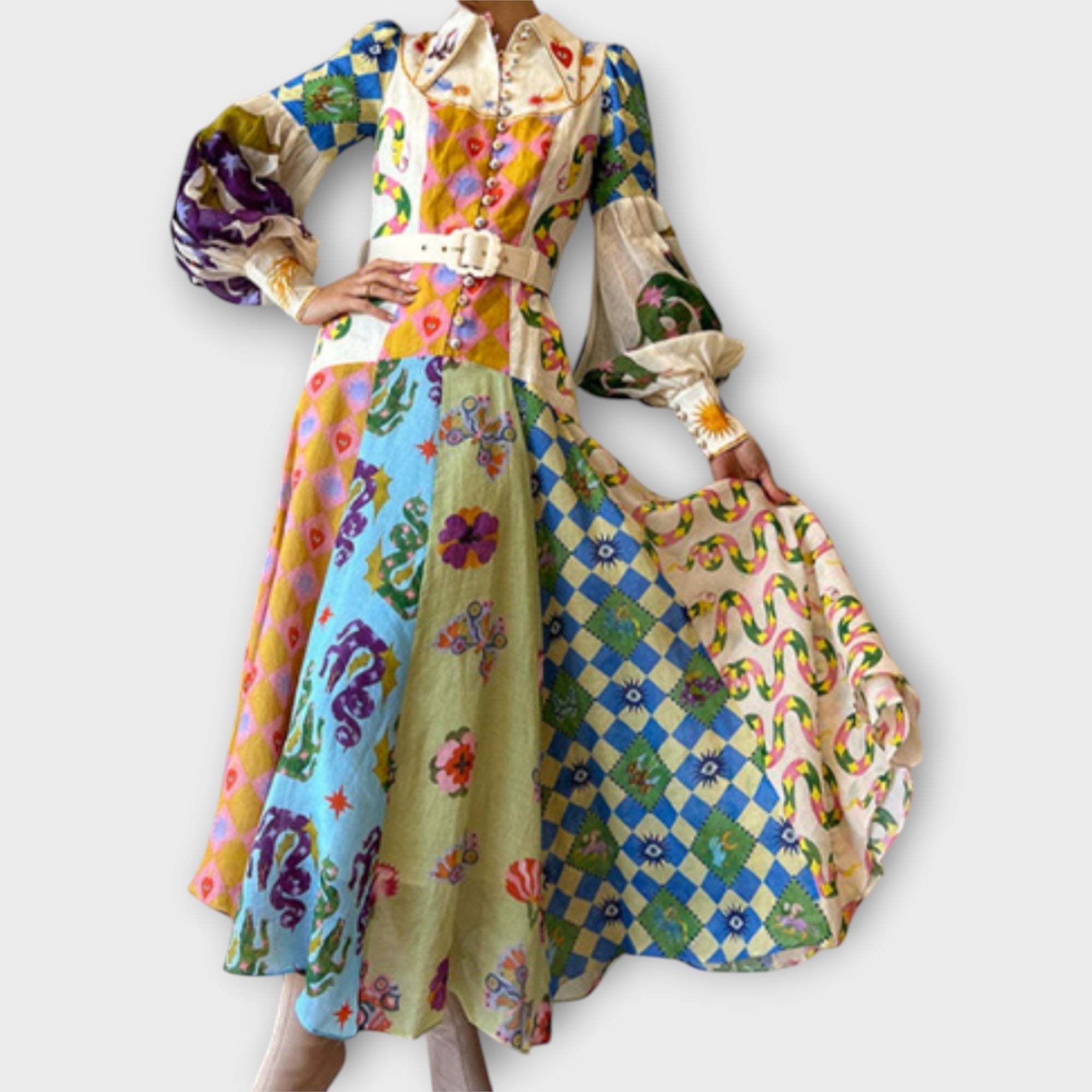 Maxi Φόρεμα Με Ζώνη & Φουσκωτά Μανίκια