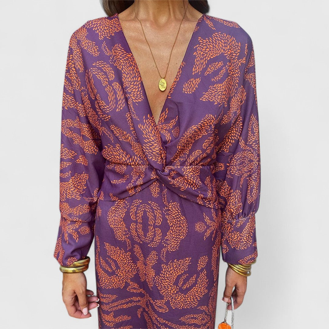 Δημητρούλα - Μίντι Φόρεμα με Στρίψιμο Μπροστά, Βαθύ V-Ντεκολτέ, Μακριά Μανίκια & Παϊσλέ Σχέδιο