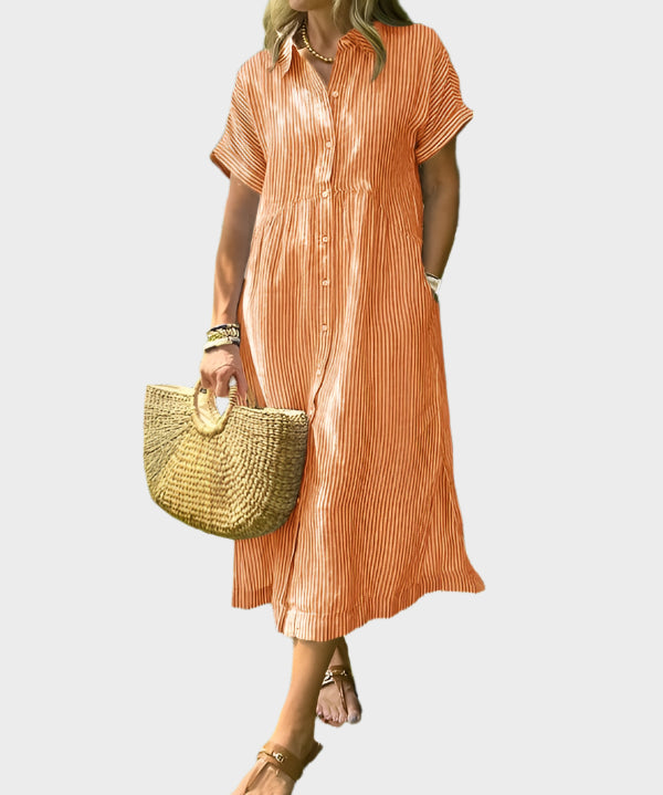 Ριγέ Πουκάμισο Φόρεμα με Πτερύγια, Κουμπιά και Λειτουργικές Τσέπες