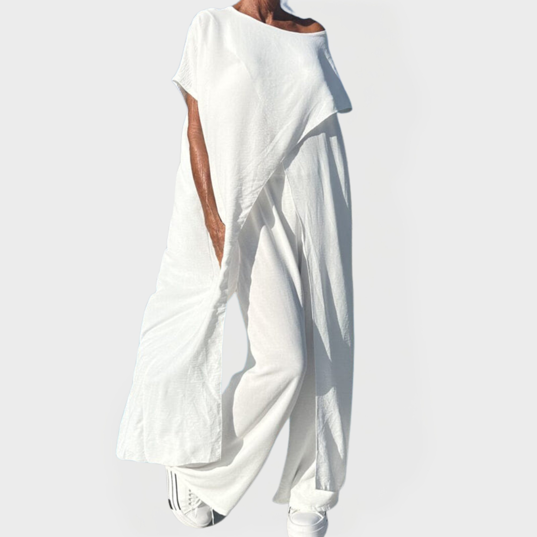 Σετ με Τοπ και Παντελόνι σε Μονόχρωμη Απόχρωση με Ντεκολτέ