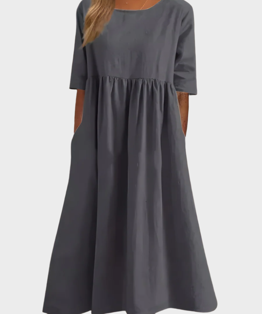 Λινό Φόρεμα με Κοντό Μανίκι και Αέρινη Γραμμή