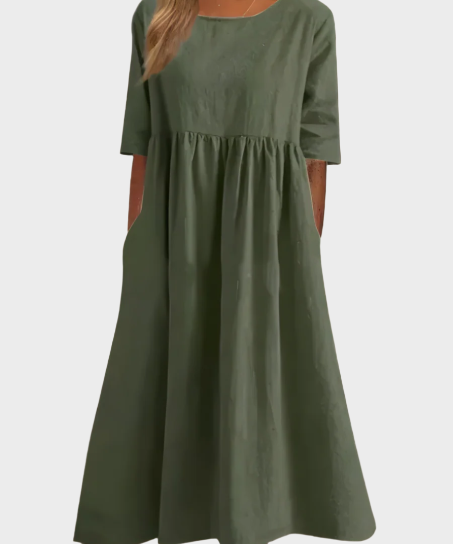 Λινό Φόρεμα με Κοντό Μανίκι και Αέρινη Γραμμή