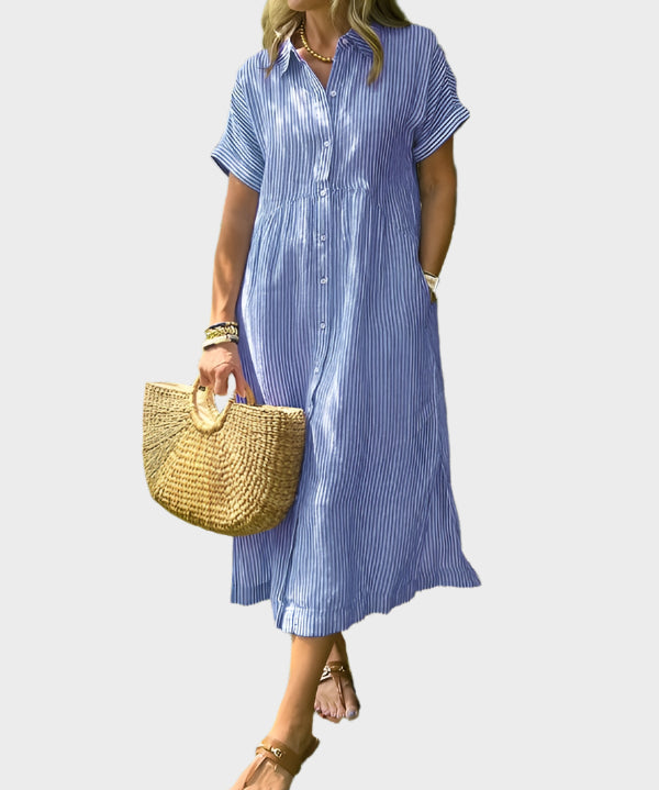 Ριγέ Πουκάμισο Φόρεμα με Πτερύγια, Κουμπιά και Λειτουργικές Τσέπες