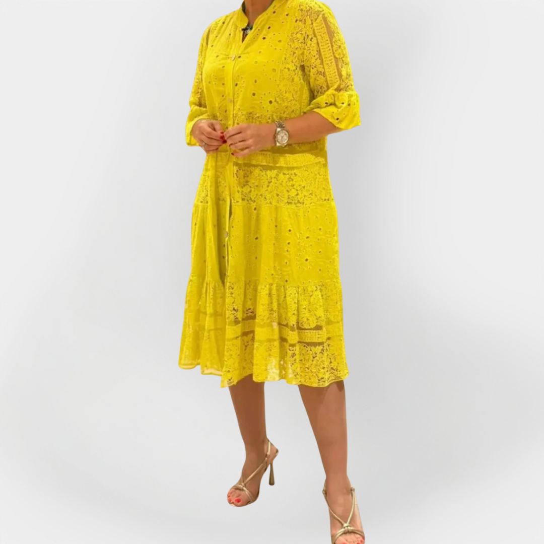 Φόρεμα Δαντέλας με Μανίκια και Μπροστινά Κουμπιά