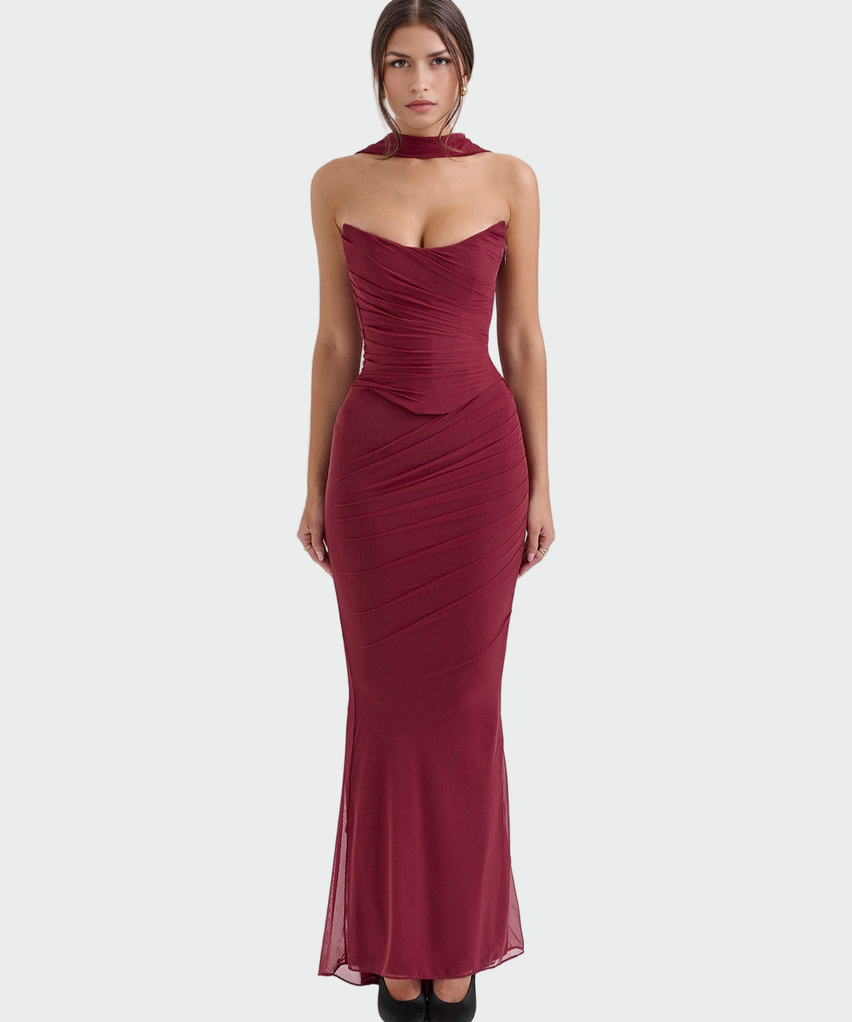 Λόρα | Μακρύ Ντραπαριστό Φόρεμα με Κολιέ-Κόρσαζ