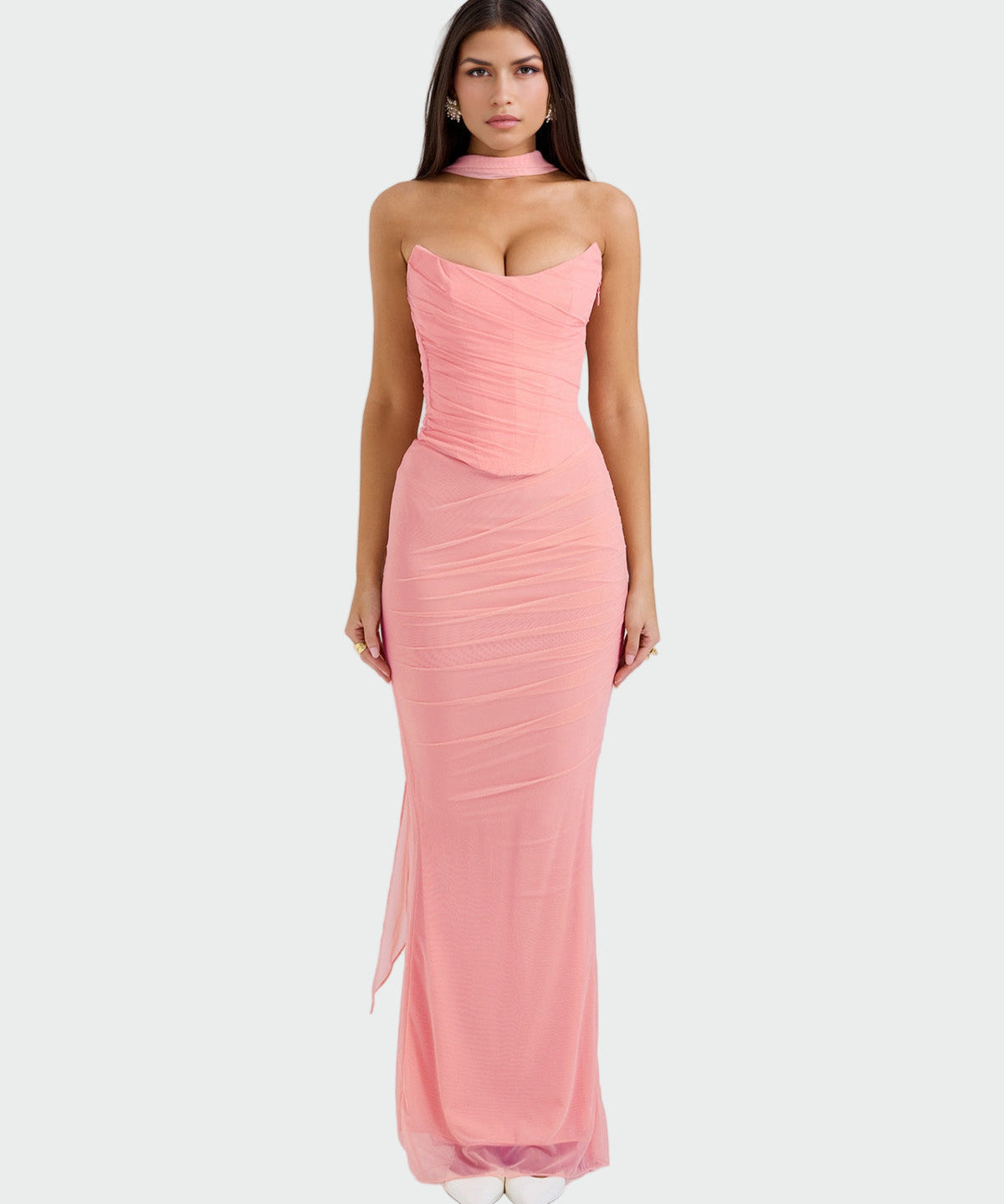 Λόρα | Μακρύ Ντραπαριστό Φόρεμα με Κολιέ-Κόρσαζ