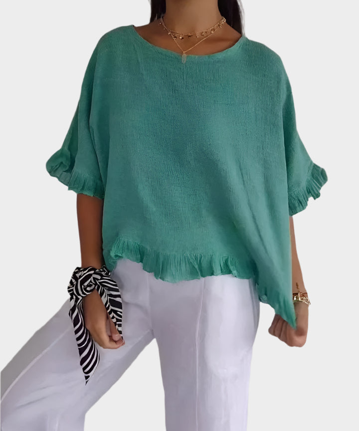 Αέρινη Λινή Μπλούζα με Ραφές και Βολάν