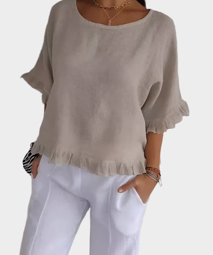 Αέρινη Λινή Μπλούζα με Ραφές και Βολάν