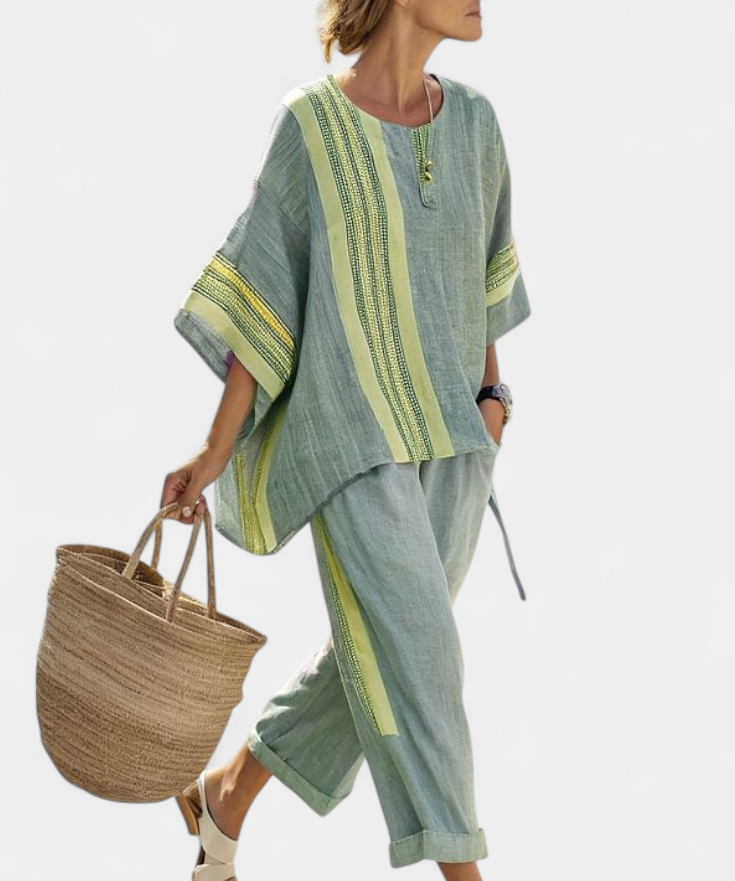 Σετ από λινό μπαμπού με μαγευτική λεβάντα και λεπτομέρειες σε κίτρινη ρίγα