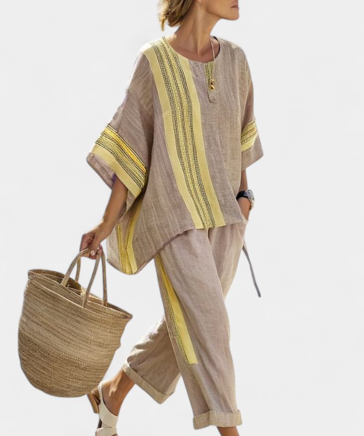 Σετ από λινό μπαμπού με μαγευτική λεβάντα και λεπτομέρειες σε κίτρινη ρίγα