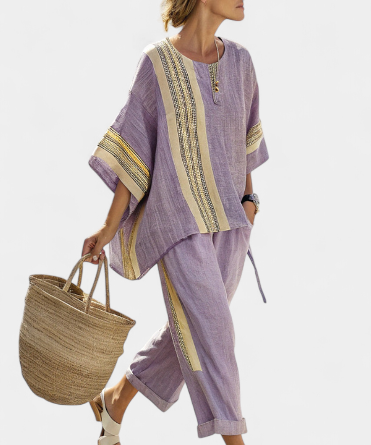 Σετ από λινό μπαμπού με μαγευτική λεβάντα και λεπτομέρειες σε κίτρινη ρίγα