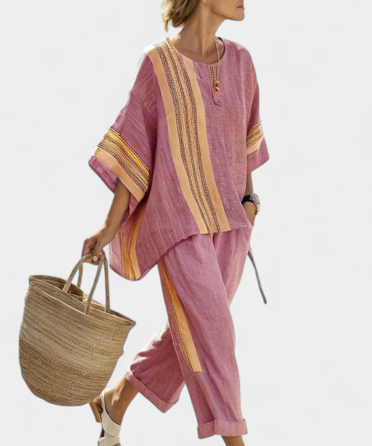 Σετ από λινό μπαμπού με μαγευτική λεβάντα και λεπτομέρειες σε κίτρινη ρίγα