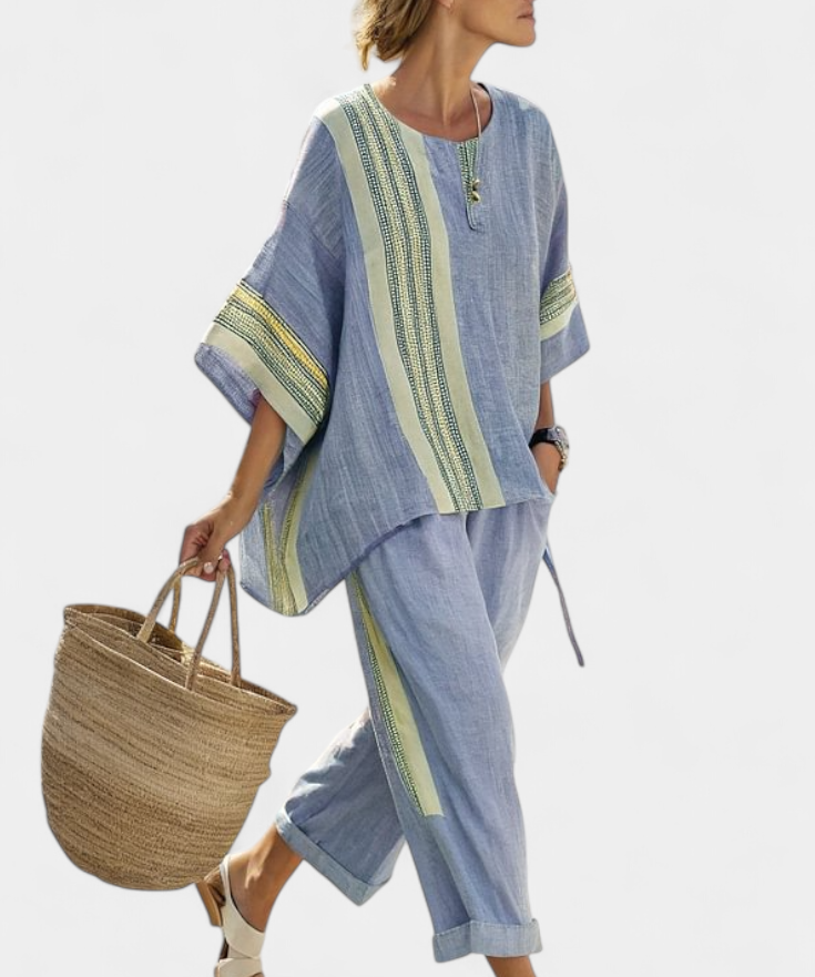 Σετ από λινό μπαμπού με μαγευτική λεβάντα και λεπτομέρειες σε κίτρινη ρίγα