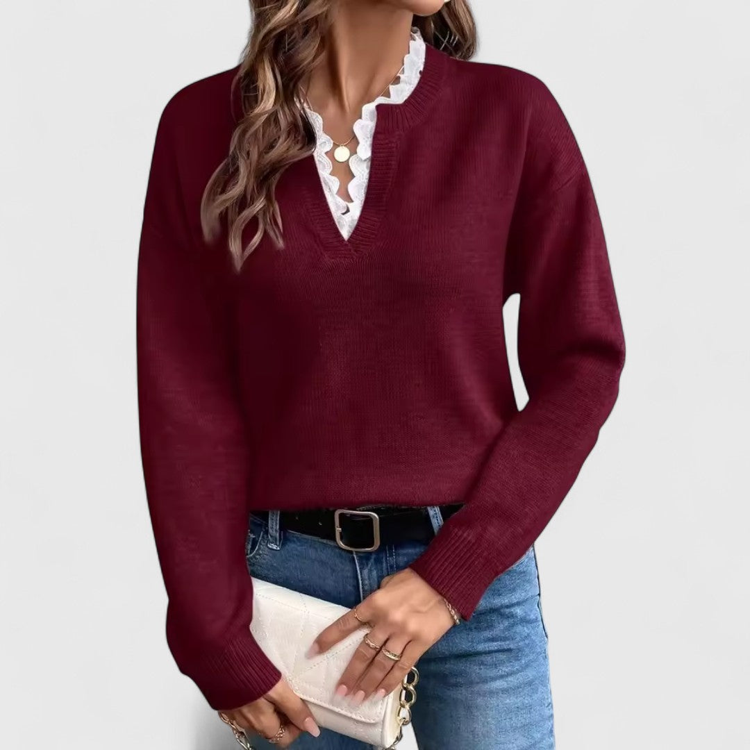 Ευτυχία - Μπλούζα με Δαντέλα και V-Λαιμόκοψη με Κομψή Άνεση