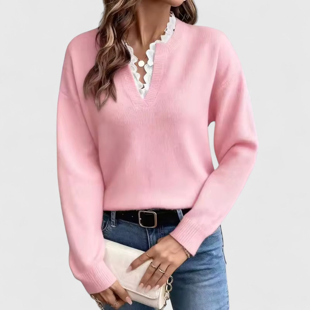 Ευτυχία - Μπλούζα με Δαντέλα και V-Λαιμόκοψη με Κομψή Άνεση