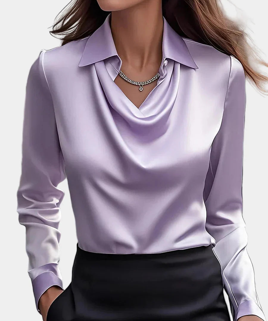 Κομψή Λευκή Σατέν Μπλούζα με Ντραπέ Ντεκολτέ