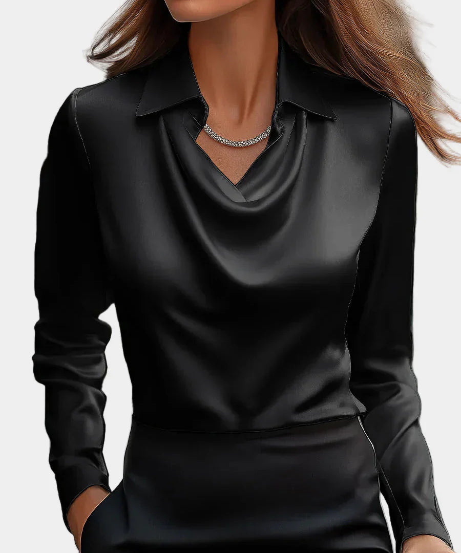 Κομψή Λευκή Σατέν Μπλούζα με Ντραπέ Ντεκολτέ