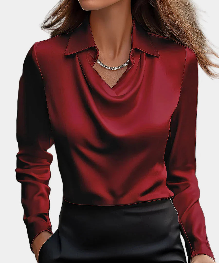 Κομψή Λευκή Σατέν Μπλούζα με Ντραπέ Ντεκολτέ