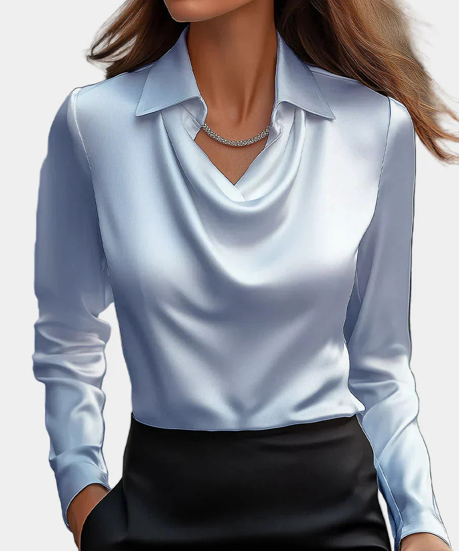 Κομψή Λευκή Σατέν Μπλούζα με Ντραπέ Ντεκολτέ