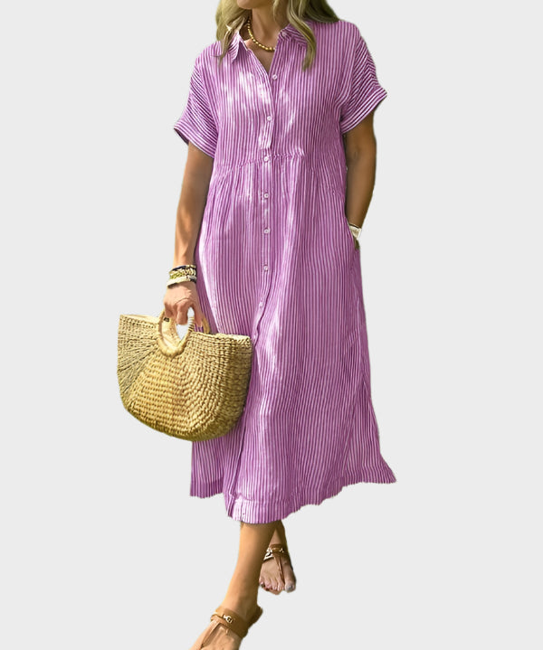 Ριγέ Πουκάμισο Φόρεμα με Πτερύγια, Κουμπιά και Λειτουργικές Τσέπες