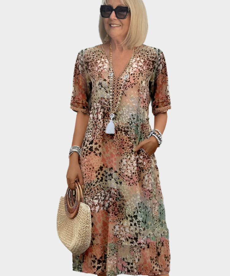 Αέρινο Φόρεμα με Καλοκαιρινό Μοτίβο και V Ντεκολτέ