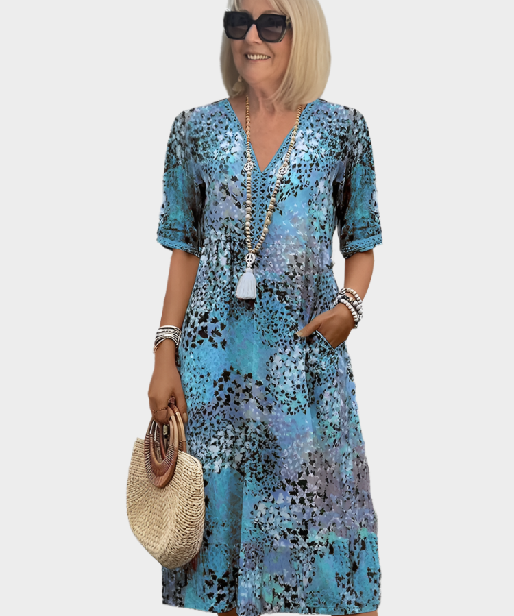 Αέρινο Φόρεμα με Καλοκαιρινό Μοτίβο και V Ντεκολτέ