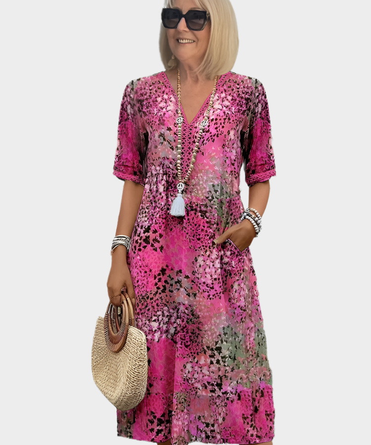 Αέρινο Φόρεμα με Καλοκαιρινό Μοτίβο και V Ντεκολτέ