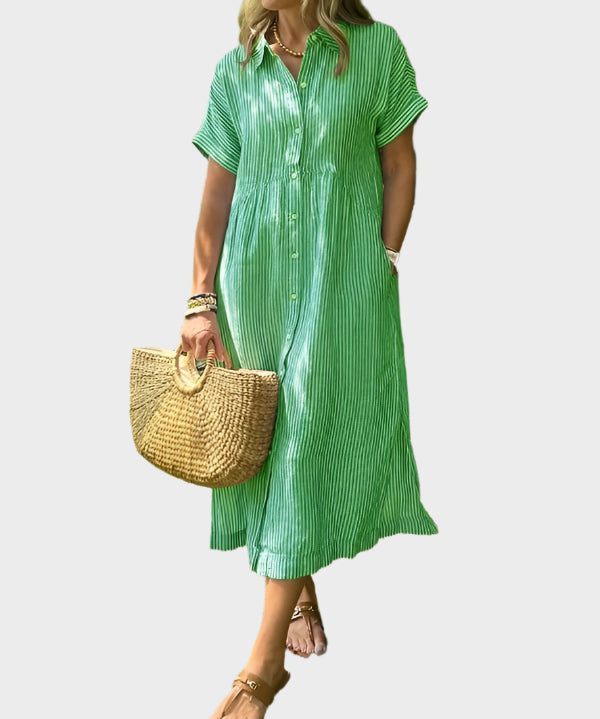 Ριγέ Πουκάμισο Φόρεμα με Πτερύγια, Κουμπιά και Λειτουργικές Τσέπες
