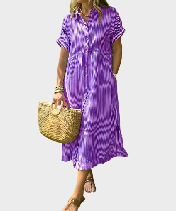 Ριγέ Πουκάμισο Φόρεμα με Πτερύγια, Κουμπιά και Λειτουργικές Τσέπες