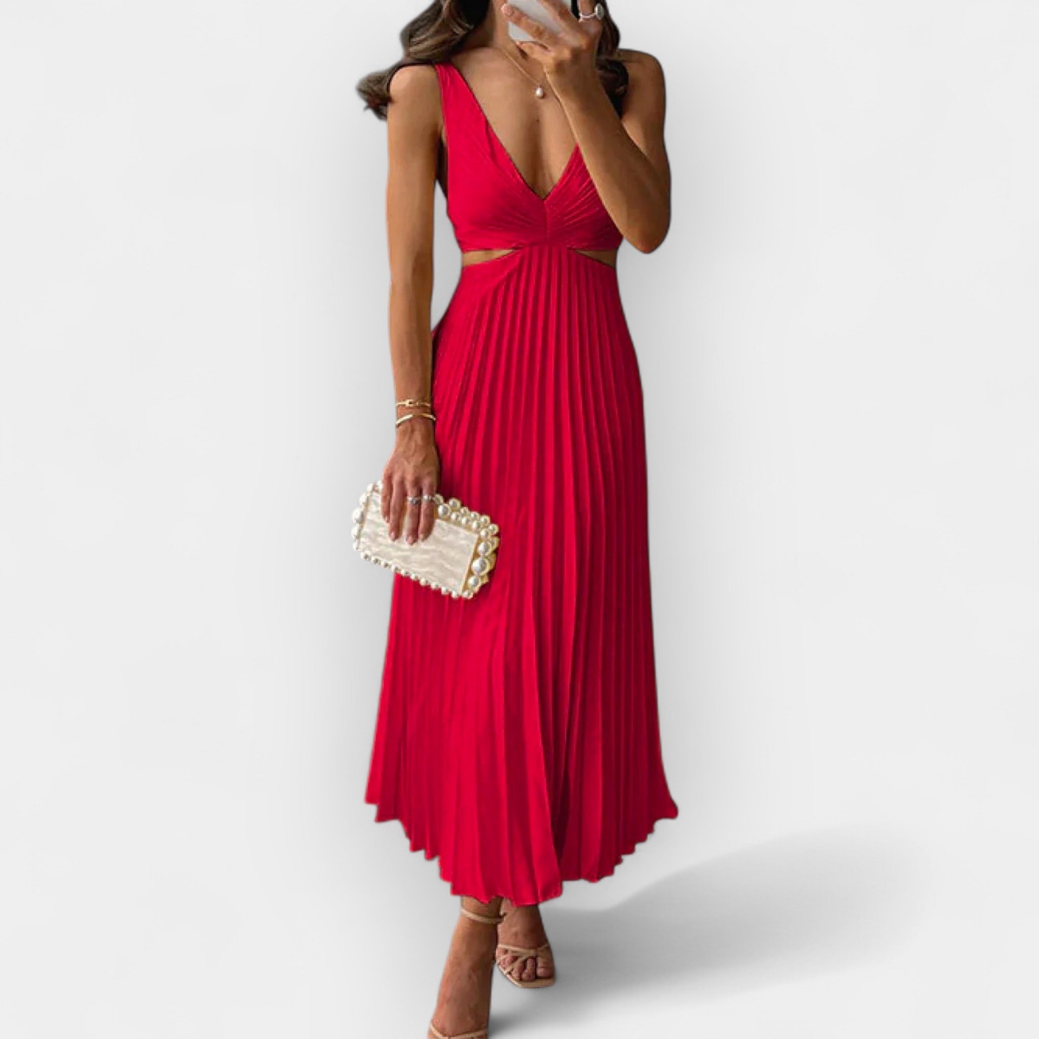 Ίριδα - Φόρεμα μίντι πλισέ με εκλεπτυσμένη φινέτσα και άνετη γραμμή