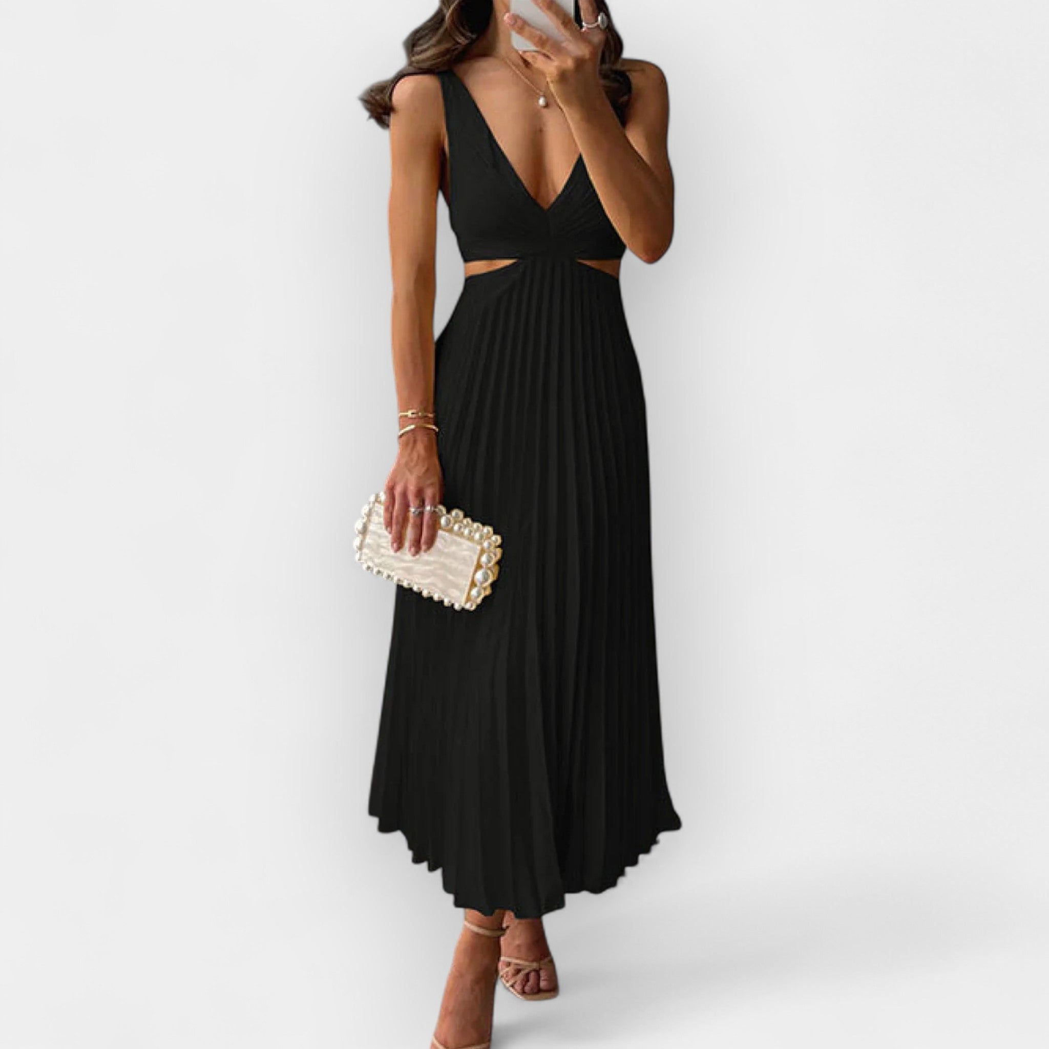 Ίριδα - Φόρεμα μίντι πλισέ με εκλεπτυσμένη φινέτσα και άνετη γραμμή